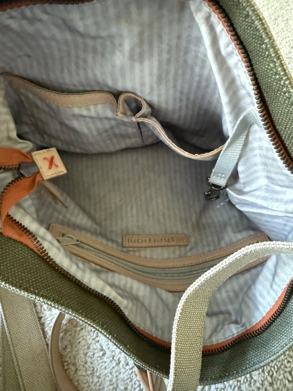 Sherpani Ink Faith Green Tan Crossbody Bag Leather Trim Dual Handles NWT - Picture 11 of 15